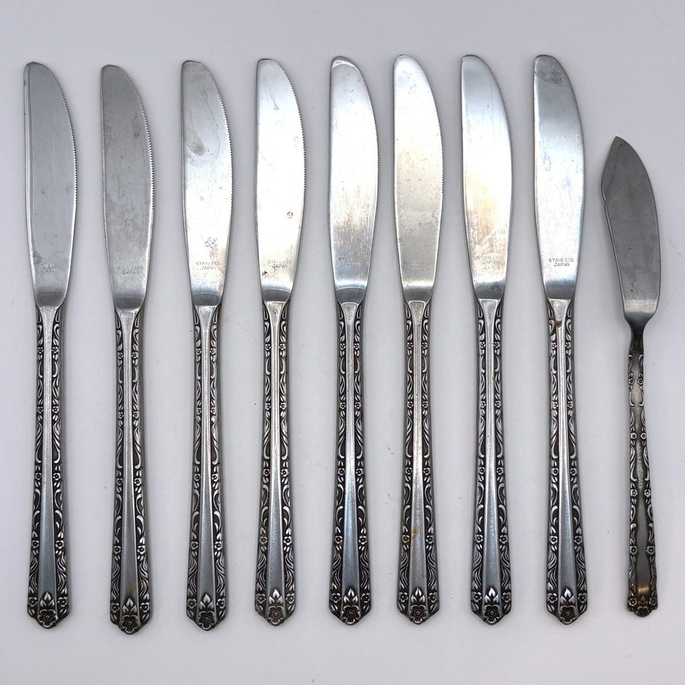 Vtg Interpur‎ Mexicali Rose Stainless Japan Flatware 8 Knives 1 Butter Knife MCM
